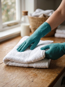 Gloved Hands Folding Clean White Fluffy Towels On Wooden Counter