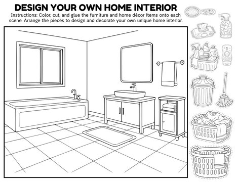 Create Your Own Home Interior Scene Cut & Paste Activity for Kids | Printable Furniture & Home D&eacute;cor Coloring, Cutting & Gluing Worksheets, Design and Decorate Your Own House, Room & Home Living Craft