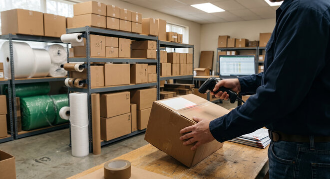 Warehouse clerk scanning cardboard box with barcode reader for order processing.