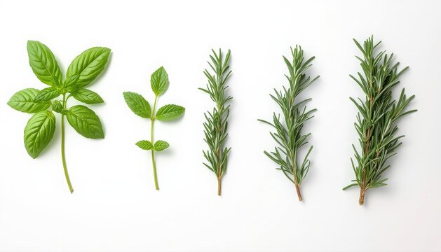 Fresh green herbs including basil leaves and rosemary sprigs arranged on white background with aromatic herbs culinary herbs raw ingredients organic plants herb collection cooking seasoning