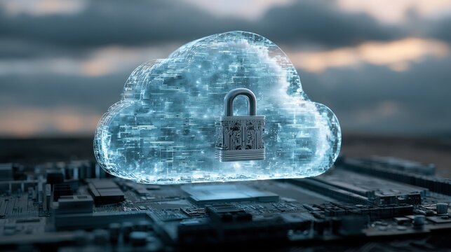 Digital cloud security with padlock and circuit board background