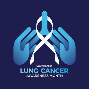 November, lung cancer awareness month - Blue lung hands with white ribbon awareness roll around on dark blue background vector design