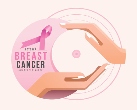 Breast cancer awareness month - Text and pink ribbon awareness and hands hold care circle breast sign vector design