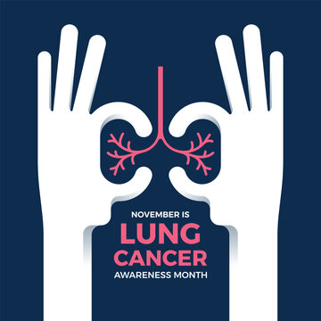 November, lung cancer awareness month - White hands with lung shape and pink line blood on dark blue background vector design
