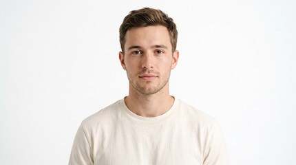 Obraz premium Man in a white t-shirt poses with a calm expression against a plain light background.