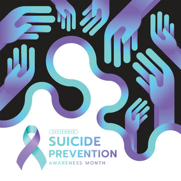 Suicide prevention awareness month - Teal and purple hands and line curve ribbon awareness on black and white background vector design