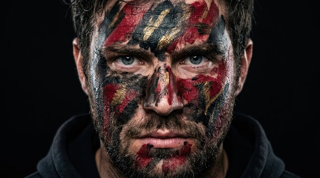 Haunted portrait of a grim man with red and black camouflage face paint