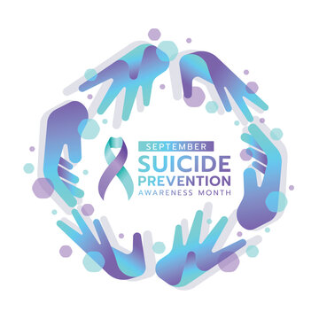 Suicide prevention awareness month - Teal and purple hands circle frame around text and ribbon awareness vector design