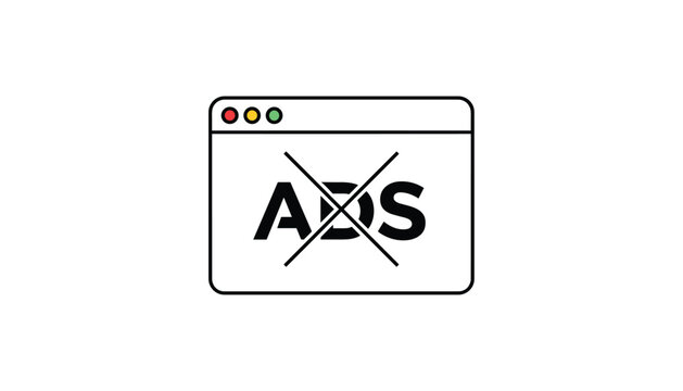 Ad blocker icon showing a crossed out ads word inside a web browser window representing ad-free surfing.