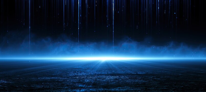 Radiant blue light pierces atmospheric haze from a dark ground