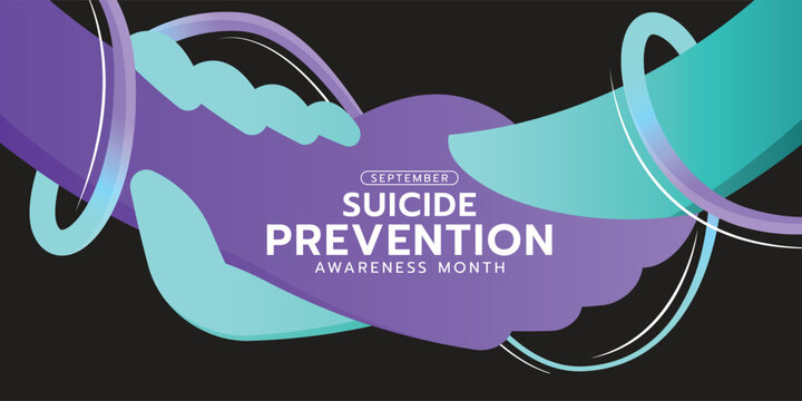 Suicide prevention awareness month - Teal and purple hands hold hand care with line ribbon awareness rolling around on black background vector design