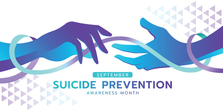 Suicide prevention awareness month - Teal and purple hands to hand care with ribbon awareness rolling around on triangle texture background vector design
