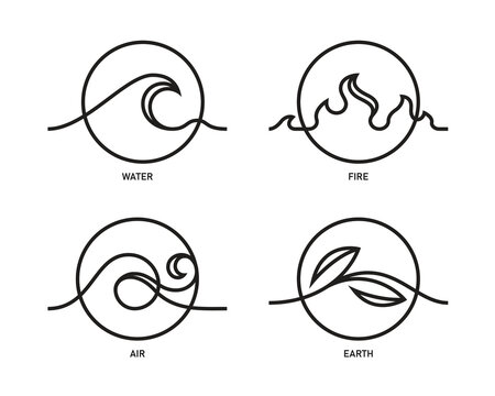 The Four nature elements - earth water air and fire sign with line sharp curve in circle shape vector design