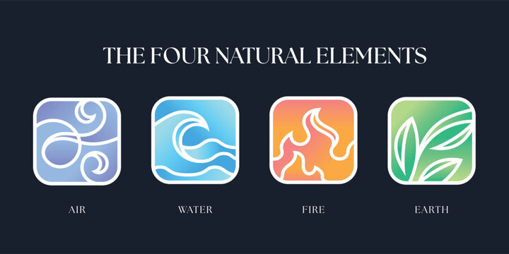The Four nature elements - fire water air and earth with white abstract line rounded square and gradient color texture sign vector design