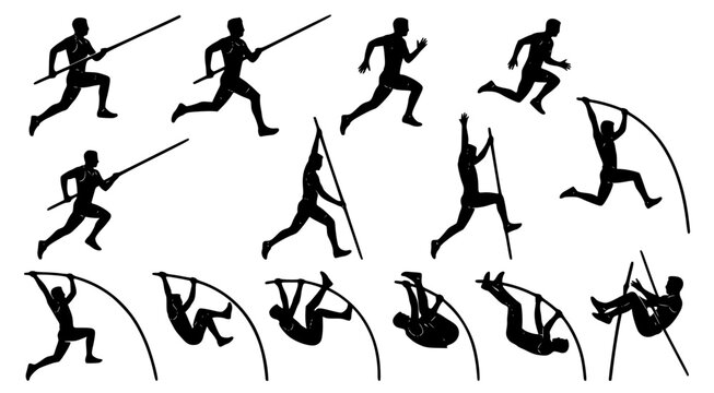 Set of pole vaulting silhouettes showing the entire sequence of the jump from the run up and planting the pole to the clearance and landing phases