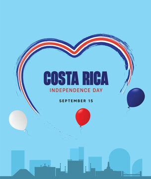 Costa Rica Independence Day Celebration Poster with Balloons and Skyline Background