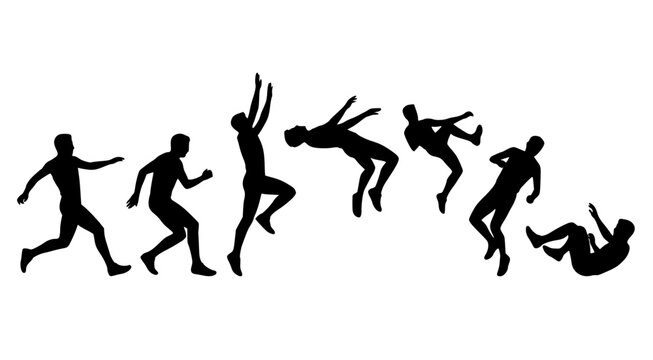 Collection of long jump and triple jump athlete silhouettes showing explosive takeoff and landing phases isolated on transparent background for sports graphic design and athletic branding