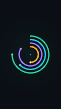 Clean 4K textless animated radial gauge progress breakdown chart featuring concentric multi-colored ring arcs with smooth spring physics, glowing circle tip markers, rotating telemetry laser sweep, an