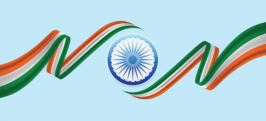 Obraz premium Indian Tricolor Wave Ribbon with Ashoka Chakra Celebrating National Pride and Freedom Spirit vector illustration