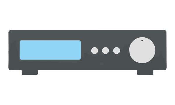 Clean minimalist hifi audio receiver with a sleek body, display, control buttons, and volume knob, isolated on white. Modern technology concept