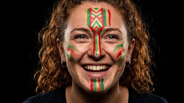 Cheerful woman with face paint smiling in studio portrait on black background