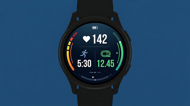Black fitness smartwatch displaying real-time health and activity metrics on its circular screen
