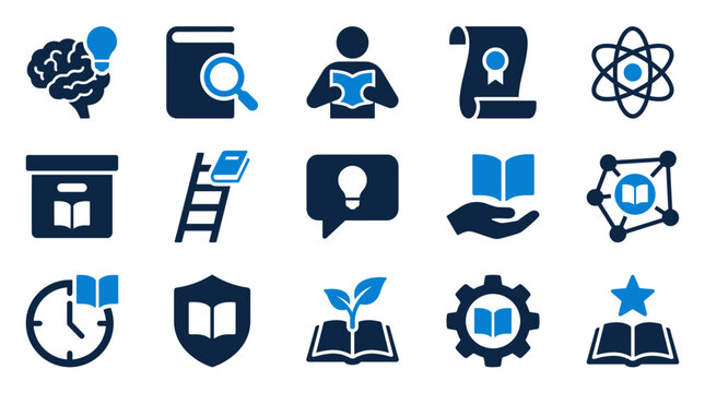 Flat solid knowledge icon set vector artwork featuring education learning books brain intelligence and information symbols knowledge education learning intelligence information