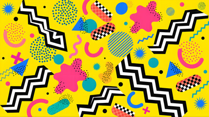 Naklejka premium Neon Pop Geometry: Zigzag Black-White Bands Across Yellow Field with Checkered Capsules and Dotted Blobs