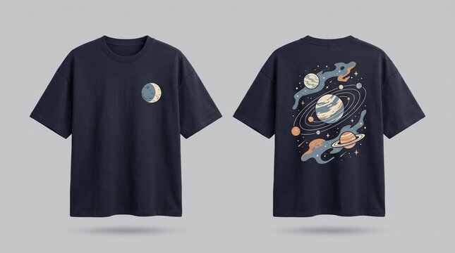 Front and Back Navy T Shirt Mockup with Cosmic Space Graphic and Planets