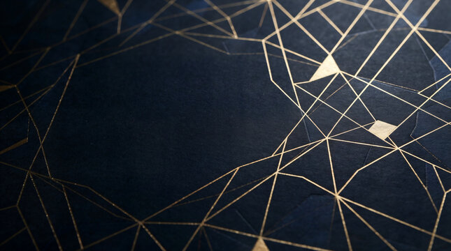 Abstract dark blue geometric wireframe pattern with golden lines