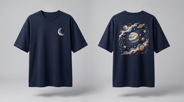 Front and Back Navy T Shirt Mockup with Cosmic Space Graphic and Planets