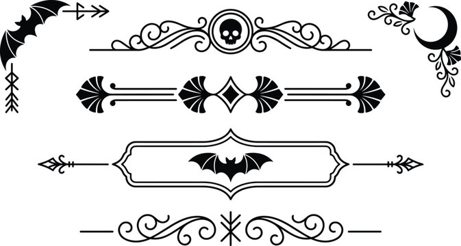Gothic Style Black And White Ornamental Borders With Skull And Bat Designs