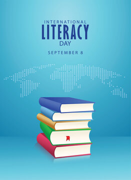 International Literacy Day Books Stack Educational Knowledge Awareness Poster Vector Illustration