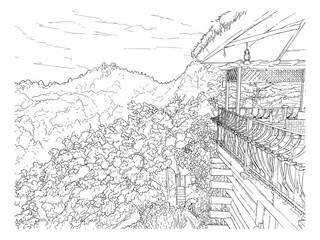 Fototapeta premium Hand drawn mountain landscape sketch, tropical resort balcony view vector, scenic nature line art illustration for travel and tourism