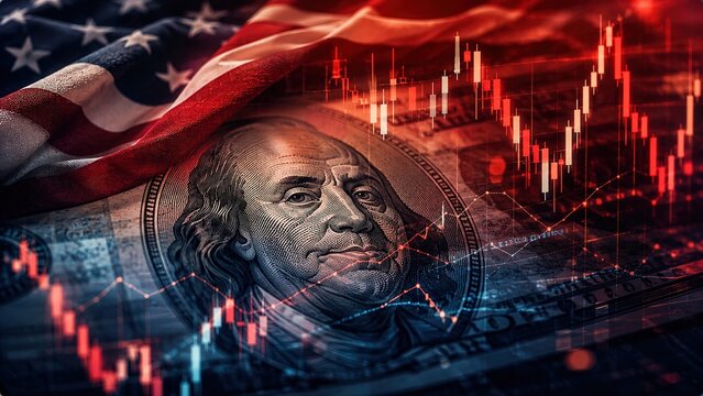 American economy investment and stock market volatility concept with dollar currency and financial charts, representing trading, inflation, recession, monetary policy and investment risk.