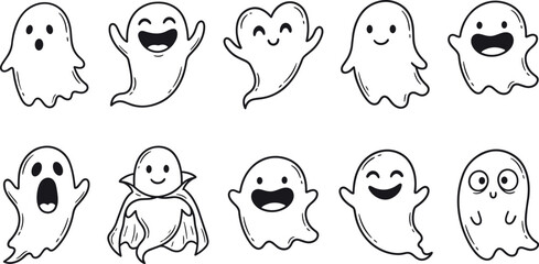 Fototapeta premium Set of cute hand drawn doodle Halloween ghost characters with funny face expressions in black outline vector.