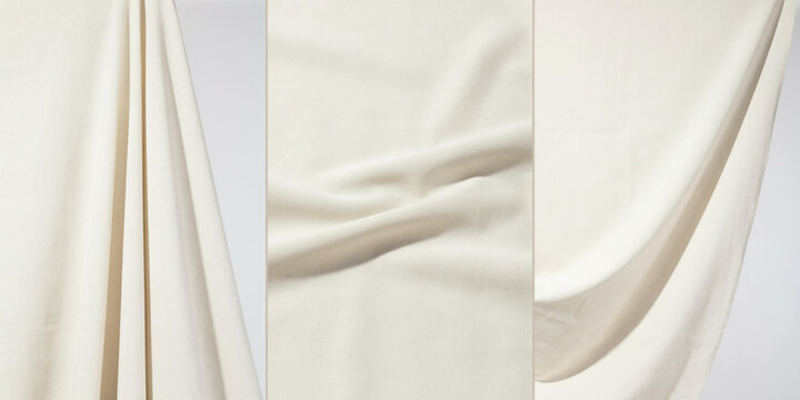 Three vertical sections of cream colored fabric with soft folds and smooth textile texture