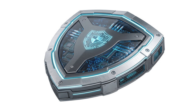 Futuristic digital shield icon with glowing blue circuits, metallic cyber security emblem, high-tech data protection symbol on white background