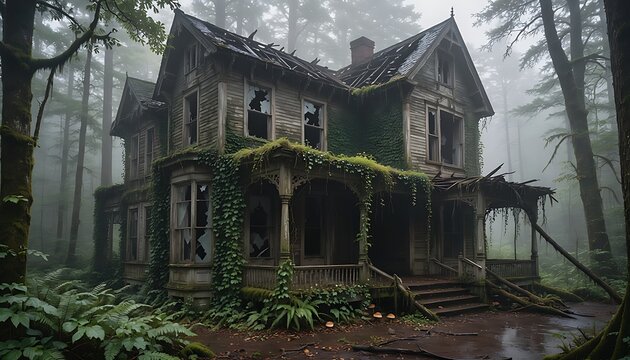 Abandoned Victorian house in misty forest, derelict haunted mansion with overgrown ivy, spooky decaying wooden villa in fog