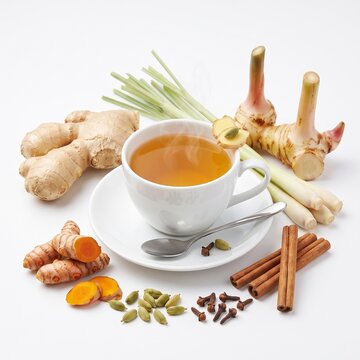 A steaming cup of herbal tea surrounded by fresh ginger, turmeric, galangal, lemongrass, cinnamon, cardamom, and cloves on a white background.