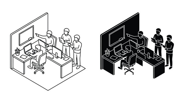 Professional team working in modern isometric office environment layout
