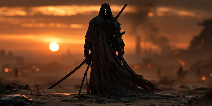 futuristic warrior silhouette in an apocalyptic desert at sunset, lone armored warrior with sword in a desolate wasteland, cinematic postapocalyptic warrior standing against a barren sunset landscape