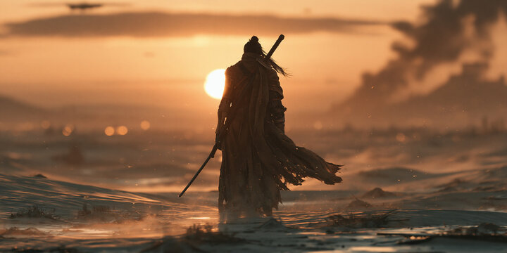 futuristic warrior silhouette in an apocalyptic desert at sunset, lone armored warrior with sword in a desolate wasteland, cinematic postapocalyptic warrior standing against a barren sunset landscape