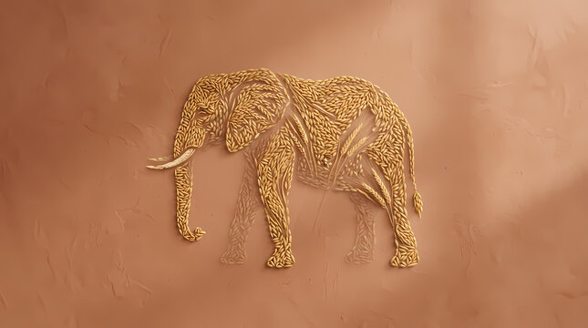 Beautiful background featuring an elephant shape made with ripe golden rice grains on a clay wall