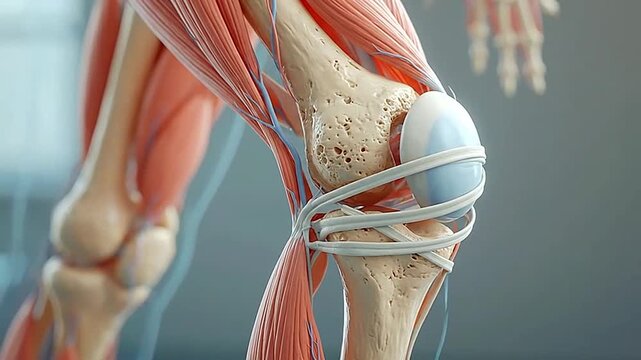 A detailed medical illustration of a human knee joint anatomy