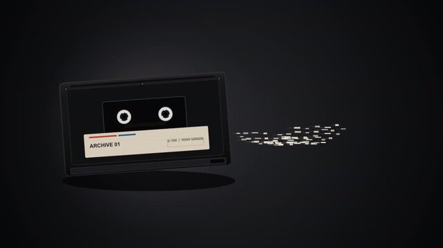 VHS cassette with flowing magnetic tape transforming into coming soon data stream 4k