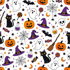 Naklejka premium Seamless Halloween pattern featuring cute elements like jack-o'-lanterns, black cats, friendly ghosts, witch hats, brooms, candies, and spider webs on a white background. Perfect for wrapping paper, 