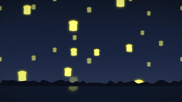 Floating lanterns in night sky over mountains. 2d animation