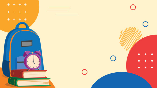 Backpack, books, and alarm clock for back to school education concept