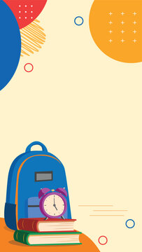 Backpack, books, and alarm clock for back to school education concept